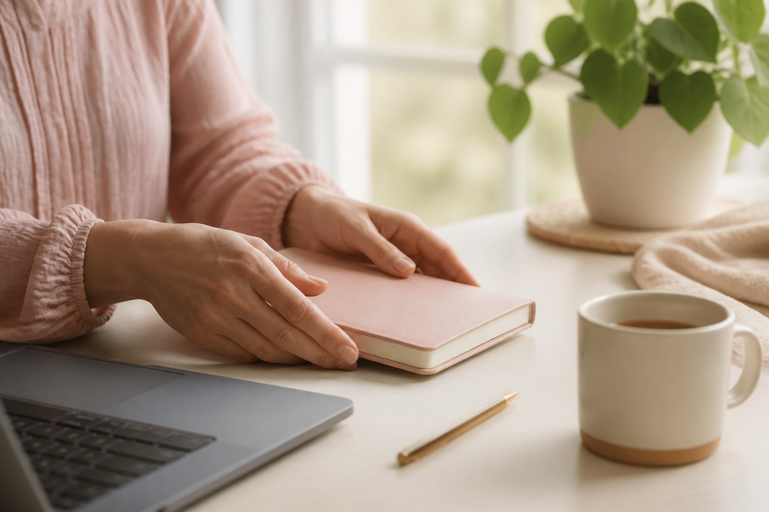 Mains refermant doucement un carnet à côté d’un ordinateur