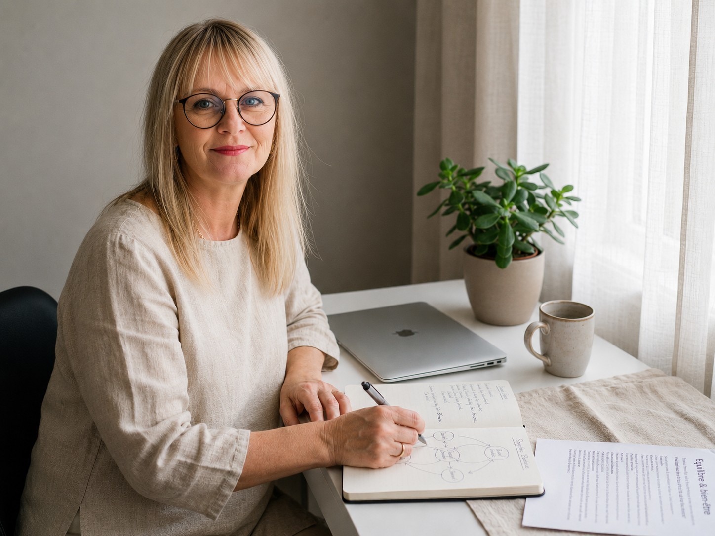 Hélène trace un schéma manuscrit de son approche intégrative